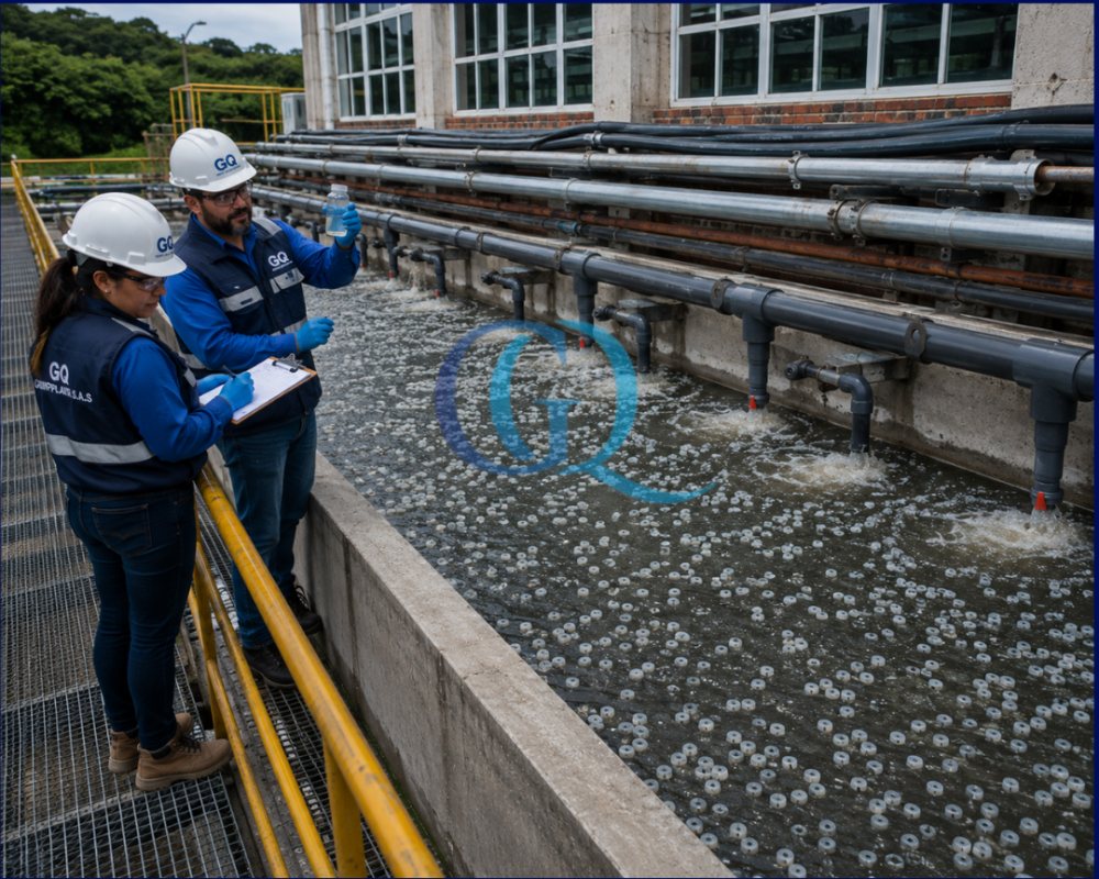 Ingenieros revisando un canal con medios MBBR
