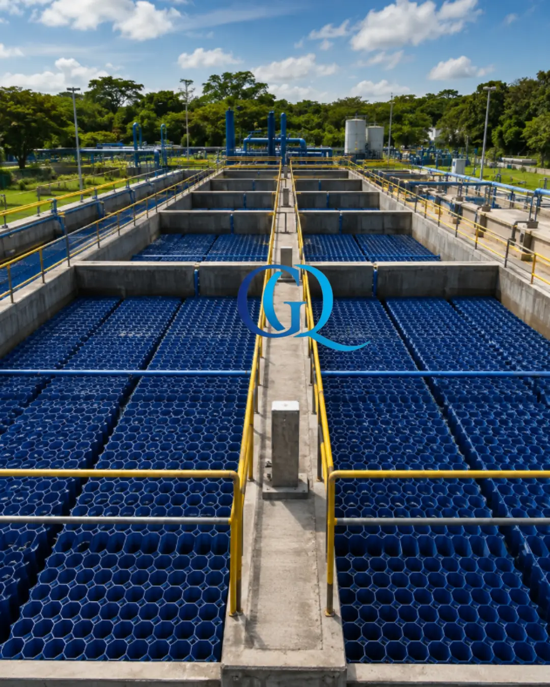Módulos azules tipo colmena instalados en sedimentadores