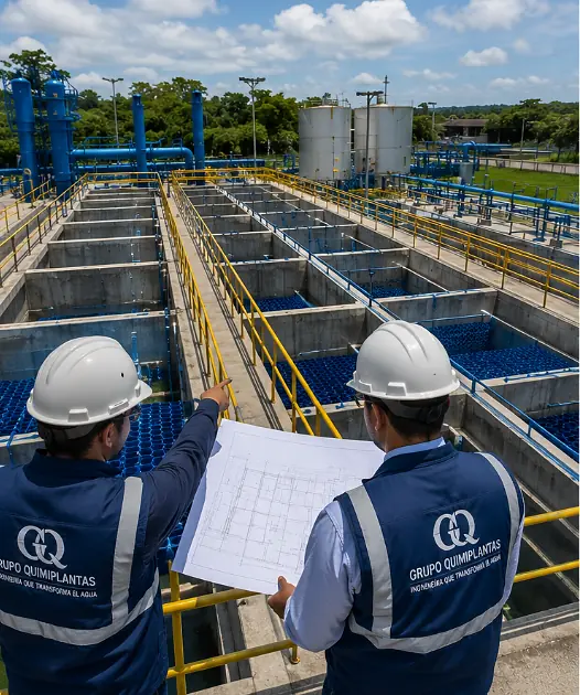 Ingenieros de Grupo Quimiplantas revisando planos para instalar módulos de sedimentación