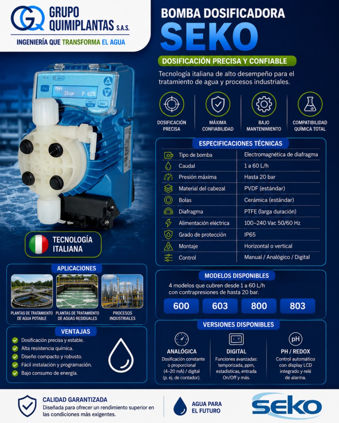 Bomba dosificadora SEKO: especificaciones técnicas